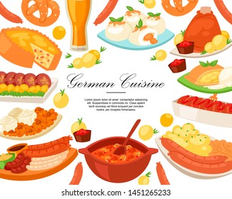 German cuisine background banner vector illustration. Traditional food in Germany. Cooked meat meal sausages for dinner or lunch, bavarian snack and beer, baked ham hock.