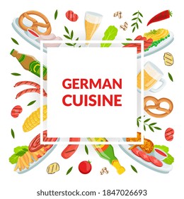 Plantilla de banner de cocina alemana, Festival de Cervezas Oktoberfest, Ilustración de vectores de patrón sin problemas de comida alemana tradicional