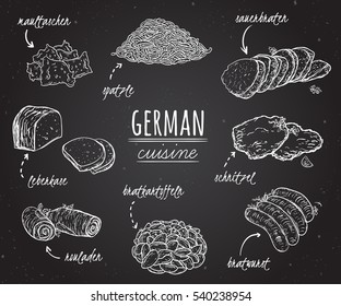 German cuisine. Collection of delicious food in line art style on chalkboard. Concept design for decoration restaurants, menu. Vintage hand drawn vector illustration