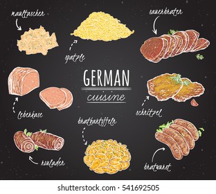 German cuisine. Collection of delicious food on chalkboard. Concept design for decoration restaurants, menu. Vintage hand drawn vector illustration