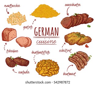 German cuisine. Collection of delicious food. Isolated elements. Concept design for decoration restaurants, menu. Vintage hand drawn vector illustration