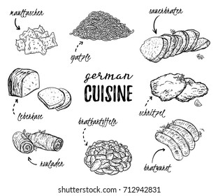 German cuisine. Collection of delicious food. Isolated elements. Concept design for decoration restaurants, menu. Vintage hand drawn vector illustration