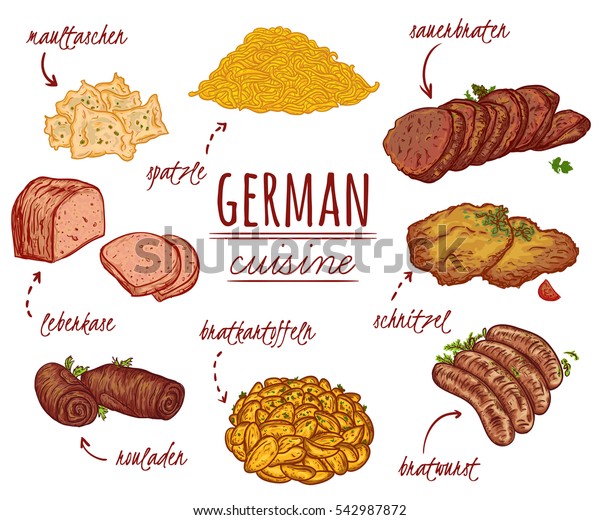 German Cuisine Collection Delicious Food Isolated Stock Vector