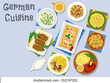 German cuisine dinner with fruit dessert icon of baked ham hock with beer, pork ribs with cabbage and potato, meat roll, fish soup with dumplings, cheese apple salad, sauerkraut salad, cherry strudel