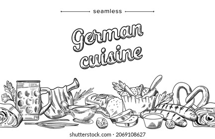 Cocina alemana Doodle Seamless Pattern con Cerveza, Salchichas, Pretzel y Carne con Delicados Pan de Alemania. Platos tradicionales de la comida nacional europea. Ilustración de vectores lineales