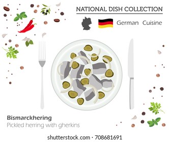 German Cuisine. European national dish collection. Pickled herring with gherkins isolated on white, infographic. Vector illustration