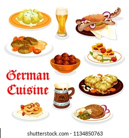 German cuisine festive dinner icon. Pork meat roll with mashed potato, sausage sandwich and beer, baked fish with cheese, meatball and schnitzel, potato casserole and pancake for Oktoberfest design