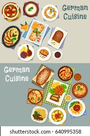 German cuisine festive dinner icon set of cabbage stew with pork sausage, potato bacon salad, baked goose, sweet bread and fruit cake, fish pie, fried cheese potato with egg, liver apple stew