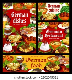 German cuisine food dishes and meals, restaurant menu vector posters and banners. German cuisine traditional lunch and dinner food dishes, schnitzel and curry wurst sausages, meat cutlets and beer