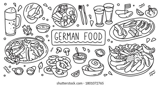 German cuisine, food. Simple doodle outline style. Vector stock black and white illustration.