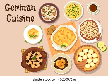 German cuisine icon with berliner pork liver with apple, mustard potato, beef stew with sour cream, vegetable sausage casserole, pork kidney beef stew, apple pie and cheesecake