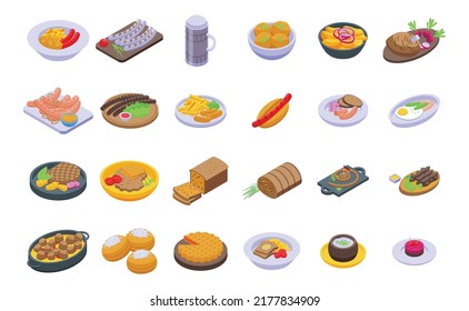 German cuisine icons set isometric vector. Cafe sausage. Chicken cooking