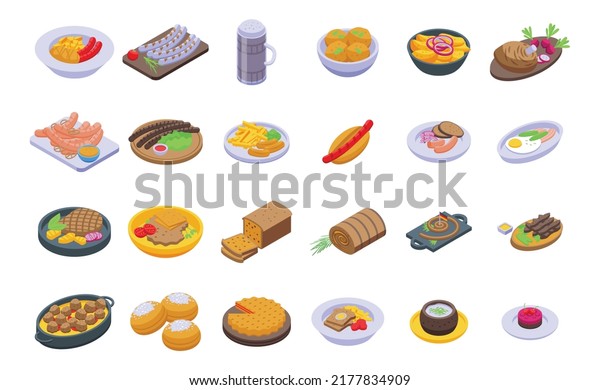 German cuisine icons set isometric vector. Cafe\
sausage. Chicken\
cooking