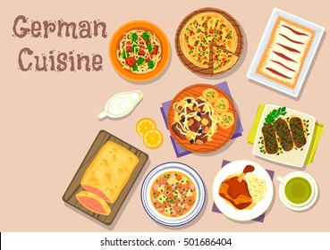 German cuisine lunch dishes icon with ham hock, pork roll, vegetable sausage stew, bacon pie, salmon in flaky dough, pork ribs sauerkraut stew, sherry strudel, brussel sprout soup with noodle