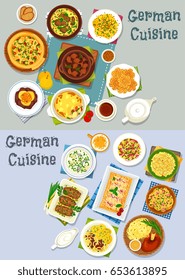 German cuisine lunch icon set. Vegetable meat stew with beer, vegetable sausage casserole, bacon cheese pie, fish and noodle soup, meat roll, cheese fruit and sauerkraut salad, cherry strudel, cookie