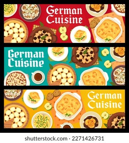 Pancartas de cocina alemana, comida de Alemania, platos vectoriales de cena. Menú de cocina alemana, tarta de manzana, schnelklops de ternera e hígado con piña y verduras salchicha casserole