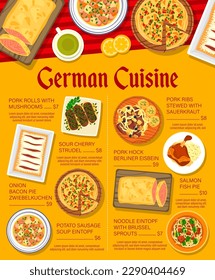 German cuisine menu page template. Noodles with brussel sprouts, pork rolls with mushrooms and ribs with sauerkraut, soup Eintopf, salmon pie and Berliner Eisbein, pie Zwiebelkuchen, cherry strudel