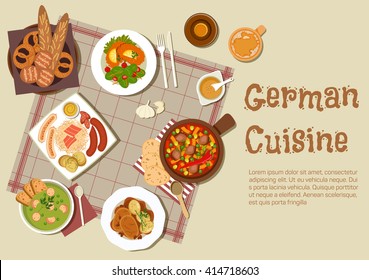 German cuisine with mixed grilled sausages platter, served with sauerkraut, pork stew, pea soup, pot roast, sandwiches with vegetable salad, beer and basket of traditional bread rolls and pretzels