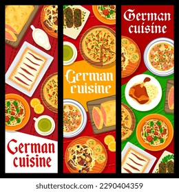 German cuisine restaurant dishes banners. Noodles with brussel sprouts, salmon pie and ribs with sauerkraut, Berliner Eisbein, soup Eintopf and strudel, pork rolls with mushrooms, pie Zwiebelkuchen