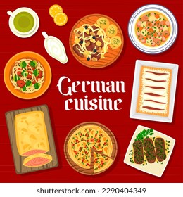 German cuisine restaurant menu cover. Cherry strudel, salmon fish and Zwiebelkuchen pie, ribs with sauerkraut, soup Eintopf and Berliner Eisbein, pork roll with mushrooms, noodles with brussel sprouts