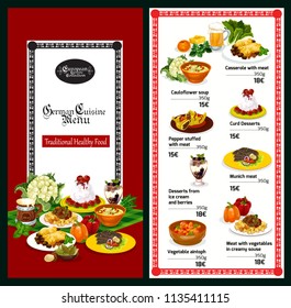 German cuisine restaurant menu template of traditional bavarian food and drink. Meat stew and casserole with vegetable, steak, beer, cabbage soup and pasta with cheese sauce, fruit and cream dessert