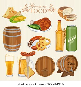 German cuisine set with beer mugs with foam, bottles, barrel, pork knuckle, pretzel, sausage, corn, green peas, wheat bread