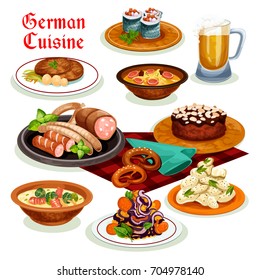 German cuisine traditional beer, sausage and wurst icon, served with potato salad, bacon soup with pretzel, fish roll, pork schnitzel, noodle soup with brussel sprouts, chocolate cake with almond.