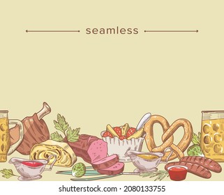 German Cuisine, Traditional Dishes of National European Food. Doodle Seamless Pattern with Beer Mug, Sausages, Pretzel and Meat with Bread and Ribs Delicacy Germany Meals. Linear Vector Illustration