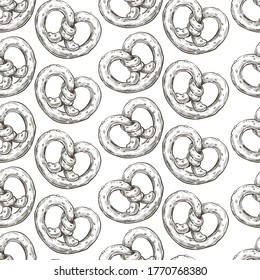 German cuisine and traditional recipes of baking, bretzels seamless pattern. Crunchy baked pretzels, snacks monochrome sketch outline, tasty meal in form of knot. Salty bread vector in flat style