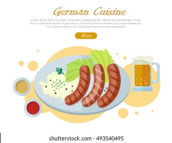 German cuisine web banner. Grilled Bavarian sausages on plate with vegetable garnish, sauce and pint of beer flat vector illustration on white background. Oktoberfest. For restaurant web page design