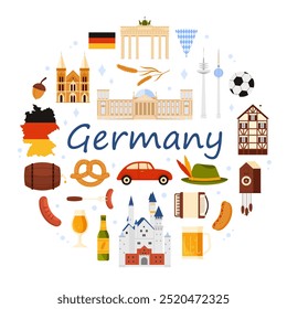 German culture elements and landmarks of Germany, Oktoberfest elements, food in round infographic banner. Sausage and beer, architecture and monuments in circle with title cartoon vector illustration