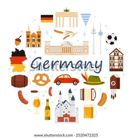 German culture elements and landmarks of Germany, Oktoberfest elements, food in round infographic banner. Sausage and beer, architecture and monuments in circle with title cartoon vector illustration