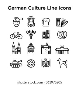 Iconos de la cultura alemana, signos culturales de Alemania, tradiciones de Alemania, vida alemana, objetos nacionales de Alemania, iconos de la línea negra, iconos de trazo negro, iconos negros de la línea de la cultura alemana