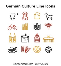 Iconos de la cultura alemana, signos culturales de Alemania, tradiciones de Alemania, vida alemana, objetos nacionales de Alemania, iconos de línea coloreados, iconos de trazo coloreado, iconos de color de la línea de la cultura alemana