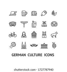 German Culture Sign Black Thin Line Icon Set Include of Pretzel, Ball and Keg. Vector illustration of Icons