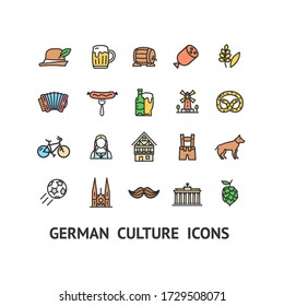 German Culture Sign Color Thin Line Icon Set Include of Beer, Sausage and Hat. Vector illustration of Icons