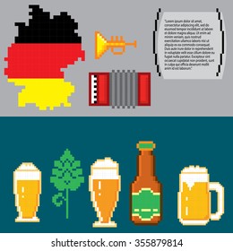 German culture symbols banners. Pixel art. Old school computer graphic style.