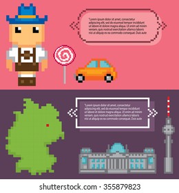 German culture symbols banners. Pixel art. Old school computer graphic style.