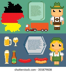 German culture symbols banners. Pixel art. Old school computer graphic style.