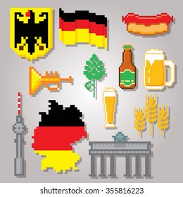 German culture symbols icons set. Pixel art. Old school computer graphic style.