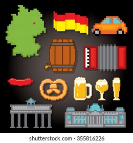German culture symbols icons set. Pixel art. Old school computer graphic style.