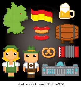 German culture symbols icons set. Pixel art. Old school computer graphic style.