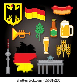 German culture symbols icons set. Pixel art. Old school computer graphic style.