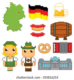 German culture symbols icons set. Pixel art. Old school computer graphic style.