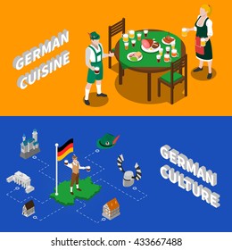 German culture for tourists 2 isometric banners with traditional national cuisine dishes and sightseeing abstract vector illustration 