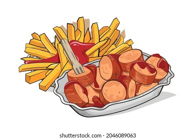 currywurst alemán con patatas fritas