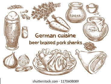 German cusine.Beer braised pork shanks.Traditional octoberfest food. Sketch drawing.
