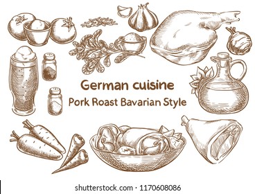 German cusine.Pork roast Bavarian style.Traditional octoberfest food. Sketch drawing.