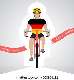 German cyclist in front view crossing red finish line vector isolated illustration