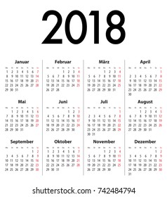 German (Deutsch) calendar grid for 2018. Best for calendar print, business, web design, office needs and presentations. Vector illustration